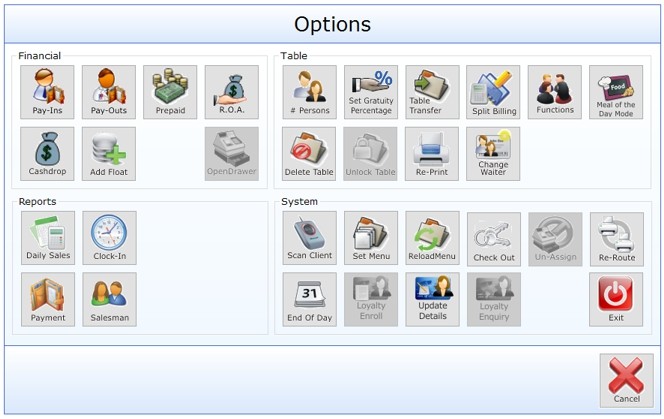 Restaurant Point Of Sale Options Screen