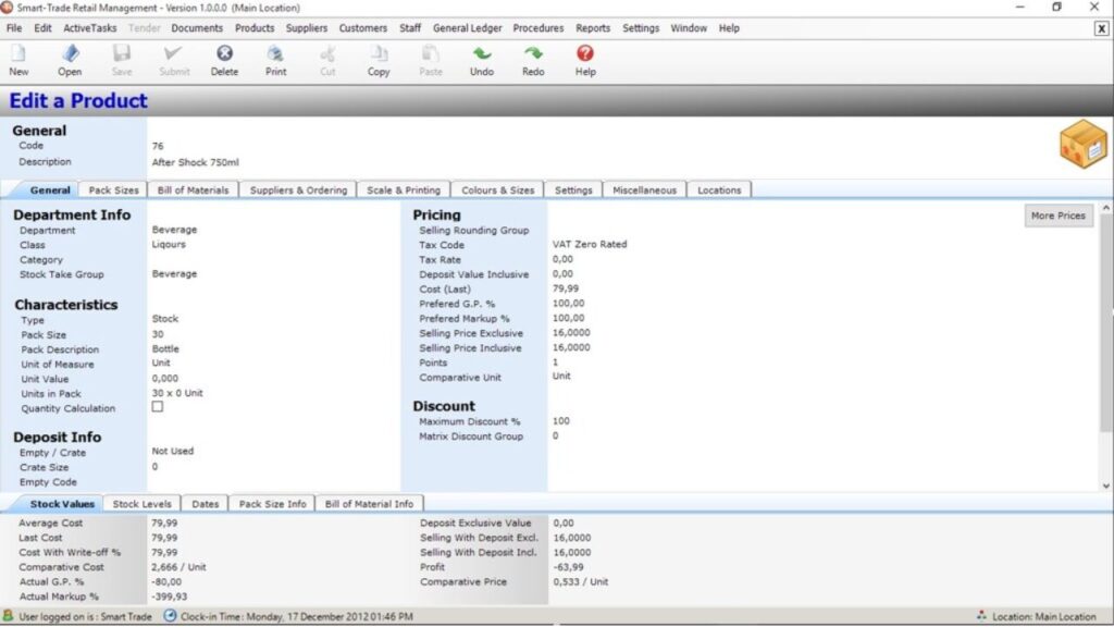 Edit product screen image for KeyWord Smart-Trade POS stock and pricing