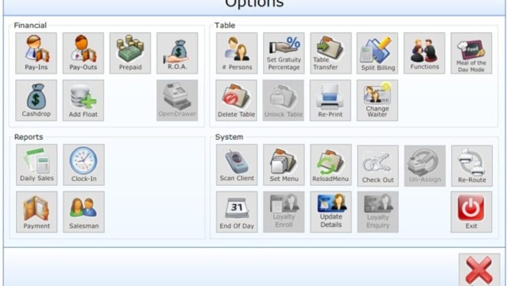 Quick access options screen for KeyWord Smart-Trade POS navigation
