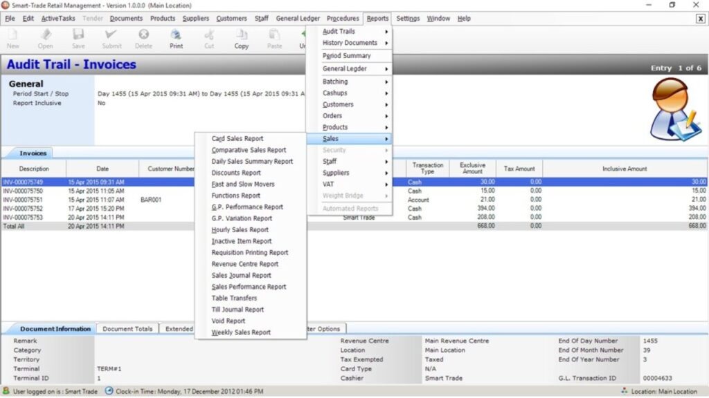 Sales report screen for KeyWord Smart-Trade reporting